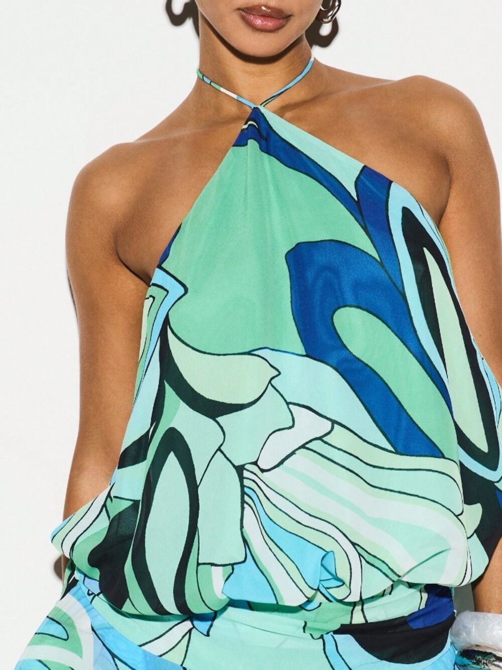 Green Boho Women's Sleeveless Backless Ruffle Chiffon Halter Neck Mini Dress - Picture 5 of 5